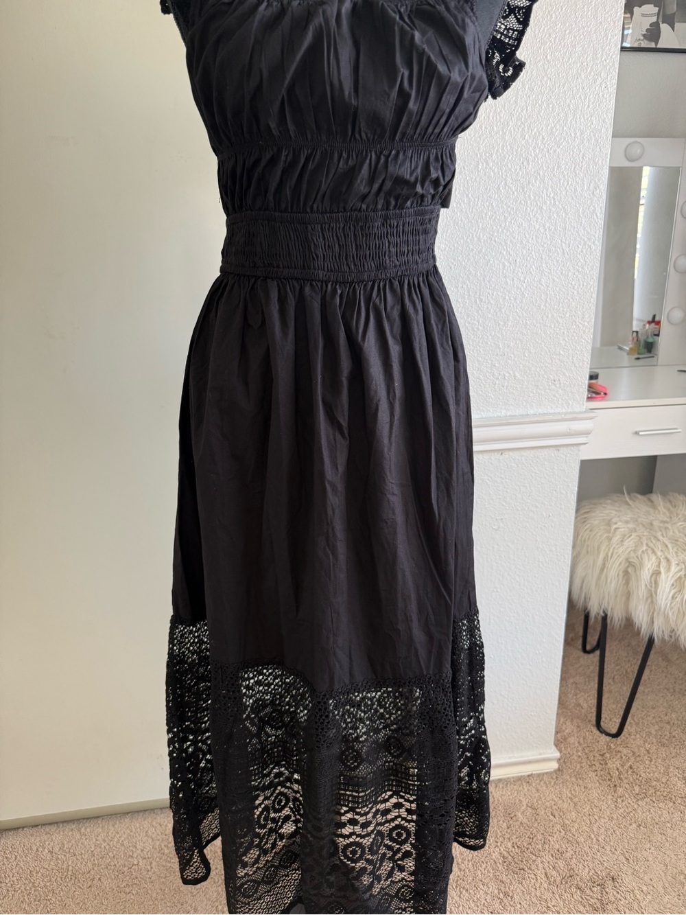 Black Crochet Hem Smocked-Waist Midi Dress